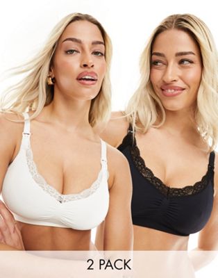 Maternity 2 pack seamless lace bras in white and black-Multi