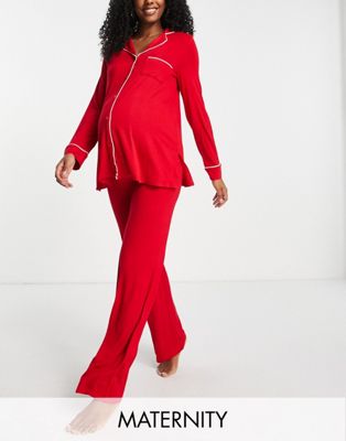 Lindex Maternity revere top and trouser pyjama set in red