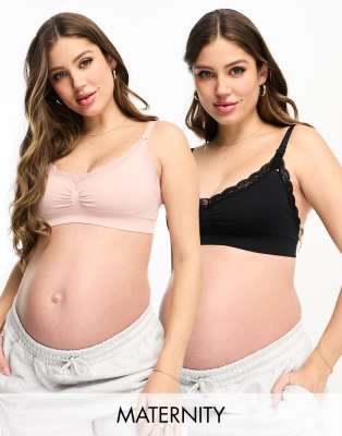 Lindex Maternity - MOM - 2er-Pack nahtlose BHs aus Spitze in Rosa und Schwarz-Bunt