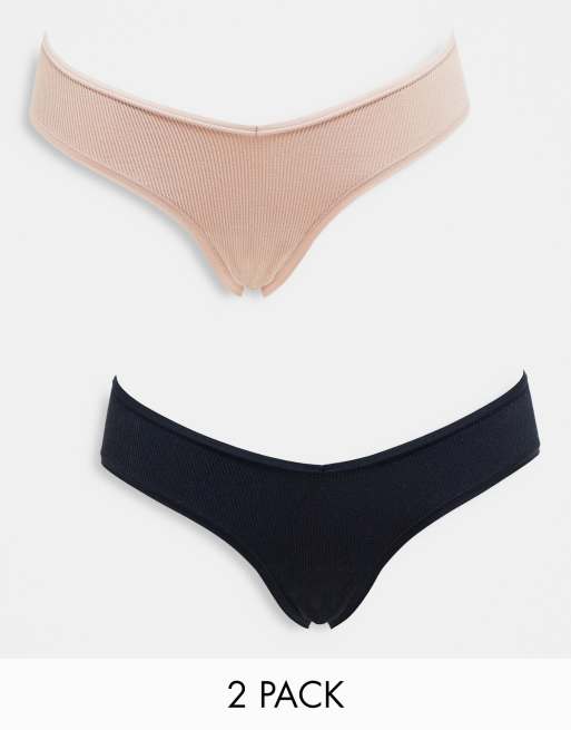 Lindex Maternity – Zestaw 2 par prążkowanych bezszwowych fig brazylijskich z niskim stanem w kolorach czarnym i jasnoróżowym