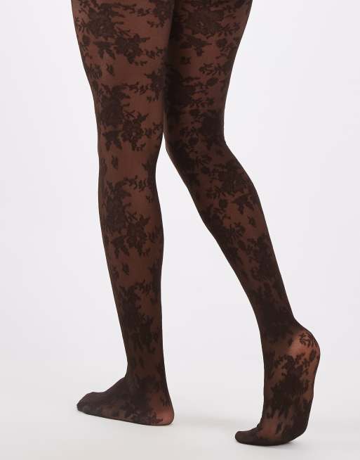 Lindex medias de encaje floral integral de 40 den en marrón, 3 de 3