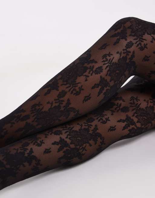 Lindex medias de encaje floral integral de 40 denier en negro, 2 de 3