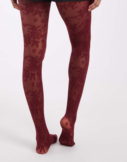 Lindex medias de encaje floral integral de 40 deniers en rojo, 2 de 3