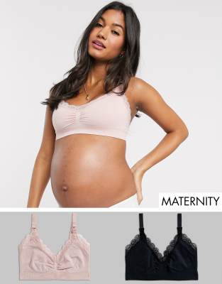 Lindex Mom 2 Pack Seamless With Lace Nursing Bra In Pink And Black-multi