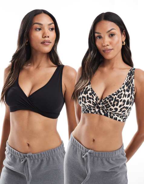 Lindex MOM 2 pack wrap nursing bralet in black and leopard print - view 1