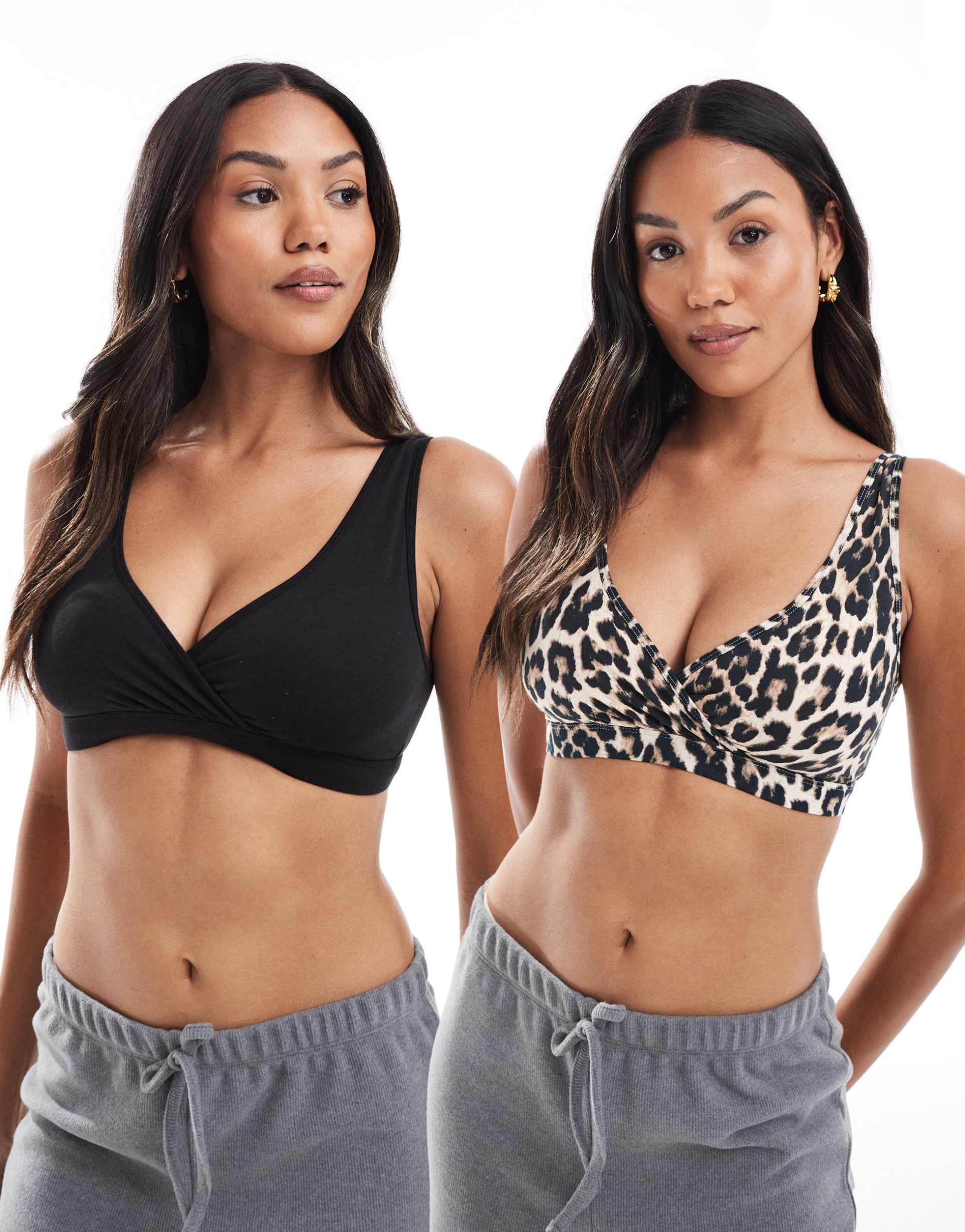 lindex mom 2-pack wrap nursing bralettes in black and leopard print