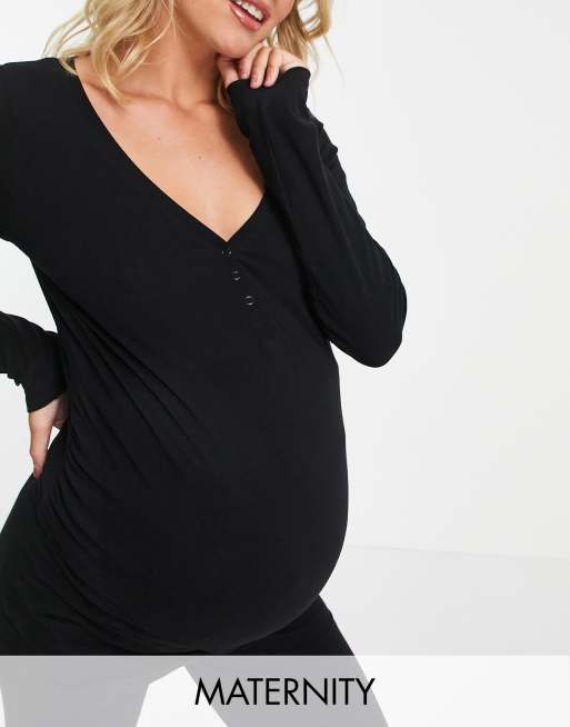 Lindex – MOM – Czarny bawełniany top od piżamy dla kobiet w ciąży z guzikami z przodu – BLACK