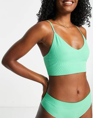 Lindex - Naadloze geribbelde bralette met lange pasvorm van nylonmix in groen - MGREEN