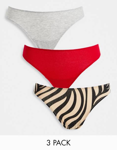 Lindex Nova cotton high leg thong 3 pack in red, grey and animal print - MULTI - view 1