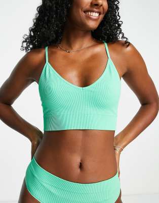 Lindex nylon blend seamless rib high leg brazilian in green - MGREEN