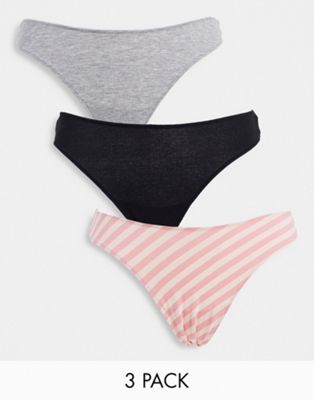Lindex cotton Nova 3 pack pink stripe thongs - MULTI