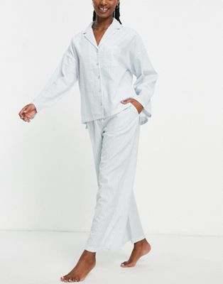 Lindex cotton seersucker stripe revere top and wide leg trouser pyjama set in blue - LBLUE
