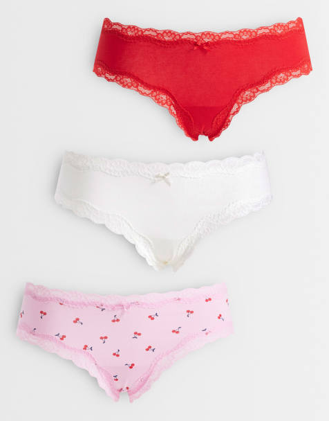 Lindex - Pack de 3 braguitas brasileñas rosas y con estampado de cerezas con ribetes de encaje - view 1