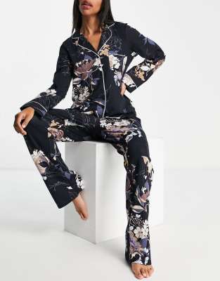 Lindex - Pigiama in jersey di viscosa blu navy a fiori con colletto rever - MBLUE