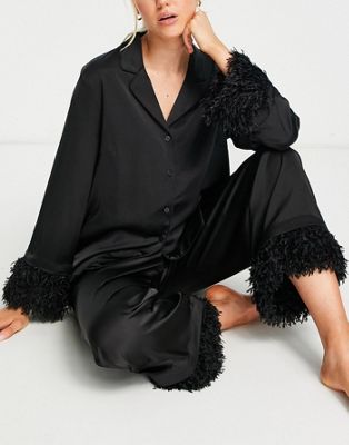 Lindex premium faux feather trim revere pyjama set in black