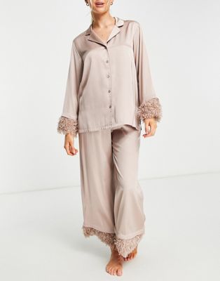Lindex premium faux feather trim revere pyjama set in pink - ASOS Price Checker