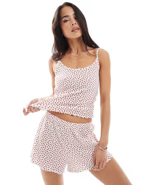 Lindex printed pointelle lettuce edge shorts in strawberry print - view 1