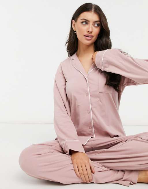 Lindex - Pyjamaset van katoen met lange mouwen en reverskraag in perzik 