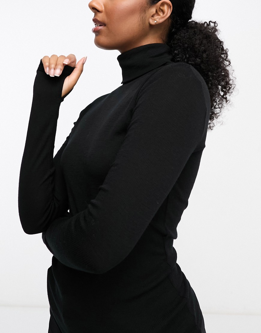 Lindex ribbed merino wool roll neck base layer top with thumb hole detail in black