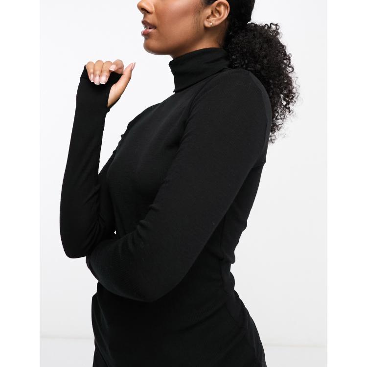 Lindex ribbed merino wool turtle neck base layer top with thumb hole detail  in black