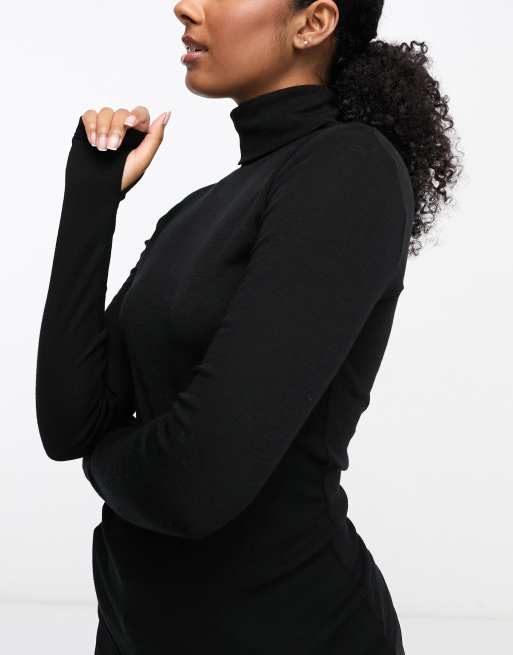 Lindex ribbed merino wool turtle neck base layer top with thumb hole detail  in black