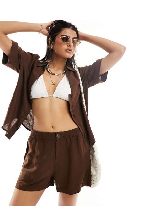 Lindex – Sarah – Brązowe szorty plażowe z domieszką lnu, część zestawu