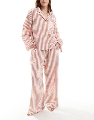 Lindex Seersucker Pajama Top In Coral Stripe-orange