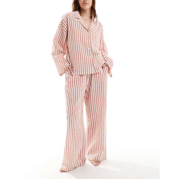 Lindex seersucker pyjama top in coral stripe ASOS