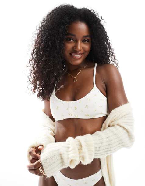 Lindex soft button detail bralette in yellow floral print - view 1