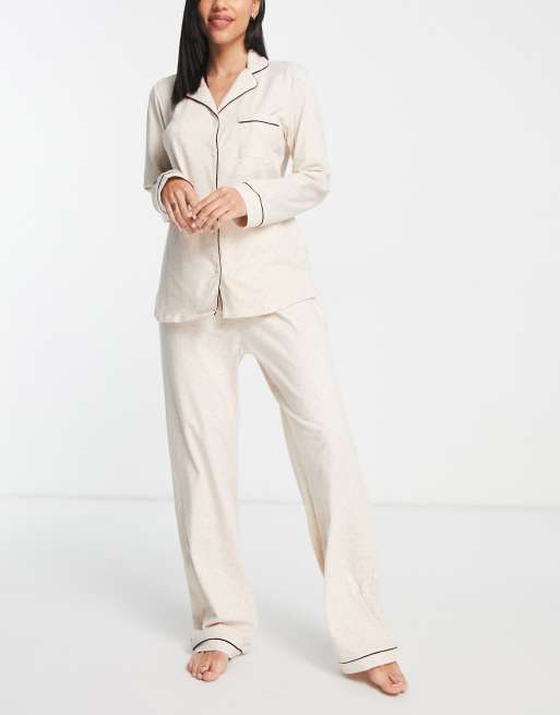 Lindex soft printed revere pajama set in beige dot print