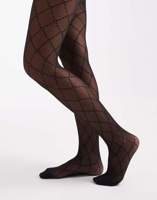 Lindex - Sorte 40 denier-strømpebukser i mesh med argyle-tern, 3 af 3