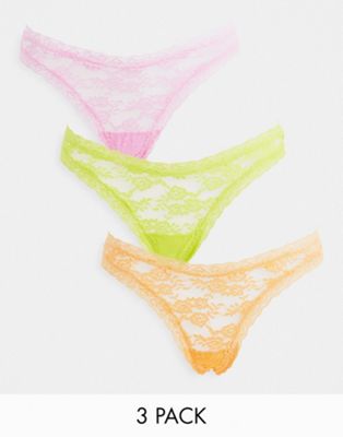Lindex SoU Dana 3 pack lace thong in lime, orange and lilac - ASOS Price Checker