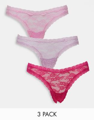 Lindex Sou Dana 3 Pack Lace Thong In Pink, Lilac And Berry