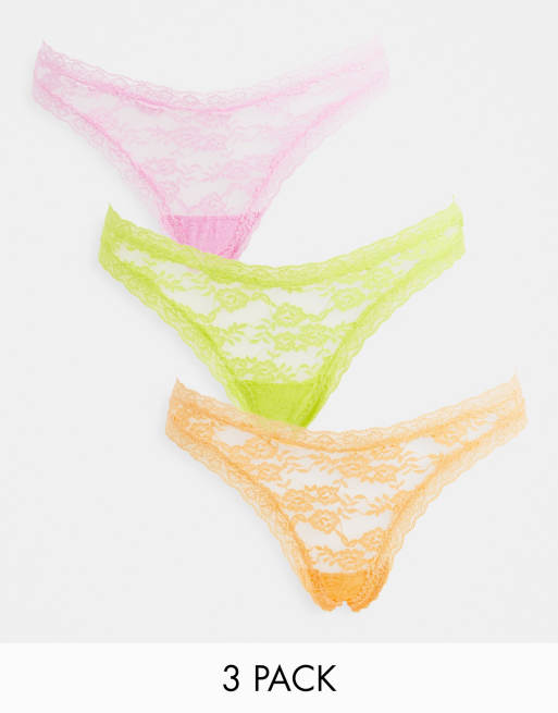 Lindex - SoU Dana - Confezione da tre perizomi in pizzo, colore lime, arancione e lilla