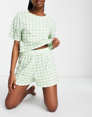 Lindex SoU cotton cropped t-shirt and short pyjama set in green harlequin print - LGREEN