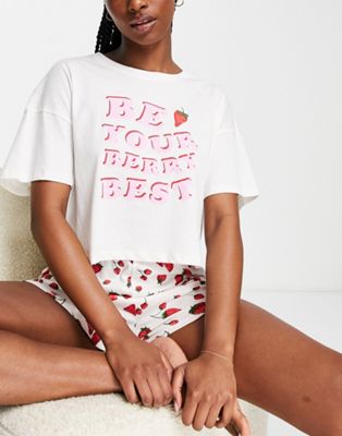 Lindex SoU cotton cropped t-shirt and short pyjama set in strawberry print - MULTI