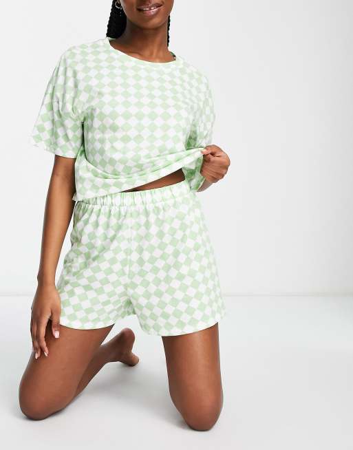 Lindex - SoU - Pyjamaset van katoen met cropped T-shirt en short met groene harlekijnprint - LGREEN
