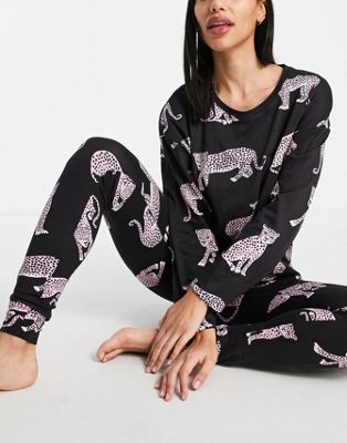 Lindex SoU Zoe cotton pyjama set in panther print - BLACK