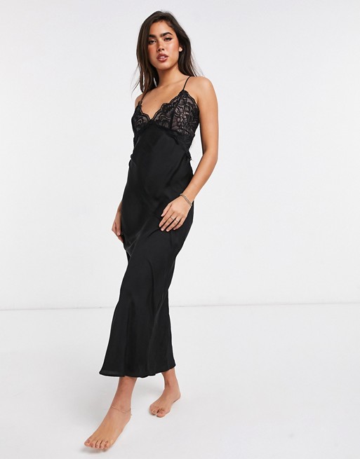 Lindex Stella sheer lace and satin midi chemise in black