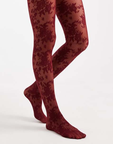 Lindex – Strumpfhose aus Blumenspitze in Burgunderrot, 40 DEN - view 1