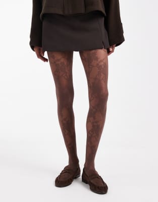 Lindex - Strumpfhose aus Spitze mit Blumenmotiv in Braun, 30 DEN-Brown