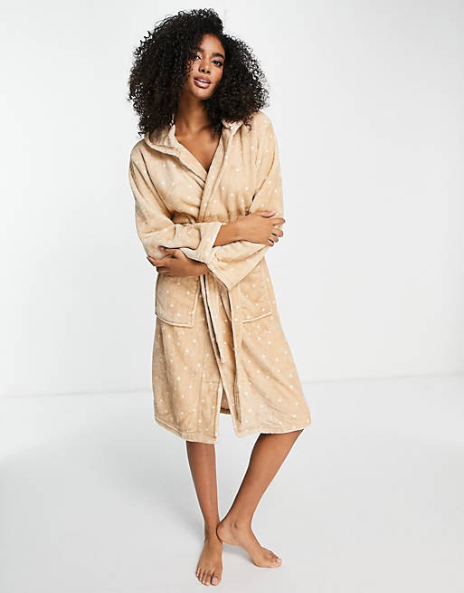 Lindex super soft fleece robe in beige spot print