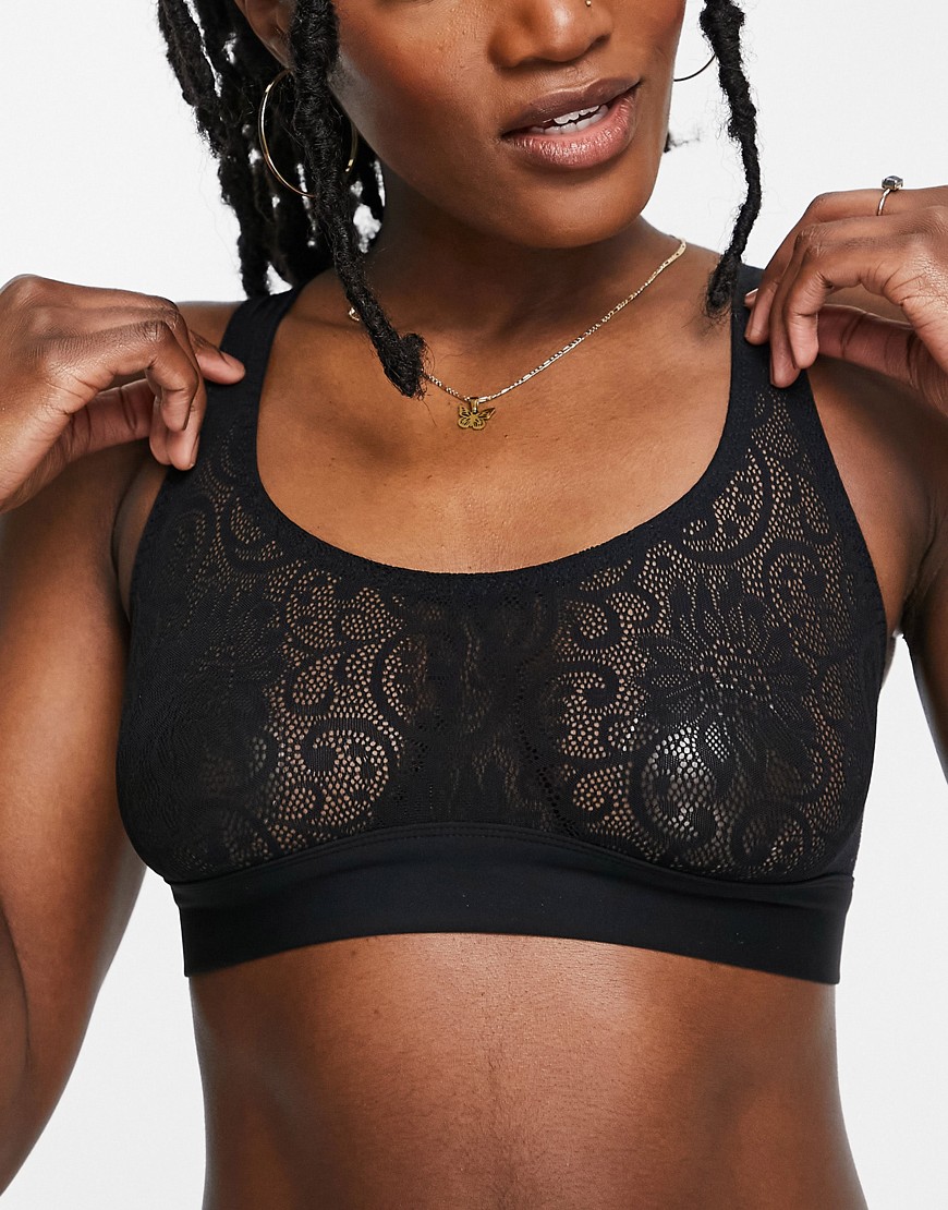 Lindex super soft recycled nylon blend barely-there lace crop bralette in black