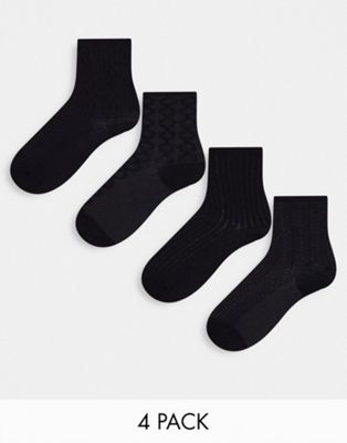 Lindex textured knitted picot edge 4 pack sock in black