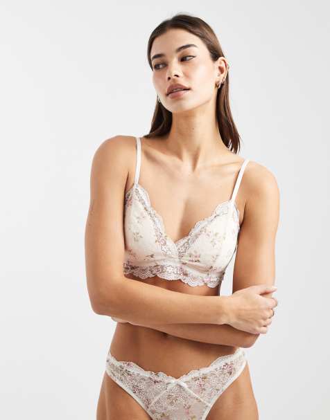 Lindex Valerie floral printed lace padded triangle bralette in white - view 1