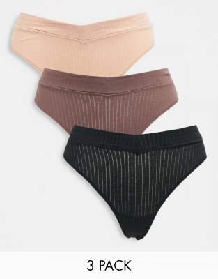 Lindex Vera 3-pack Rib V Front High Waist High Leg Thong In Neutral Combo