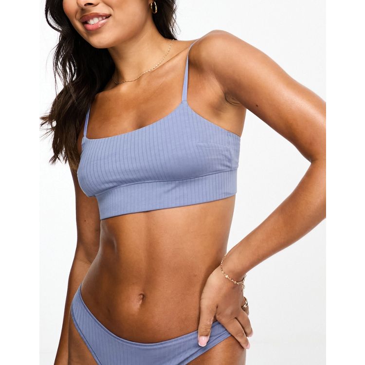 ASOS DESIGN 2 pack rib and lace crop bralette in blue & pink