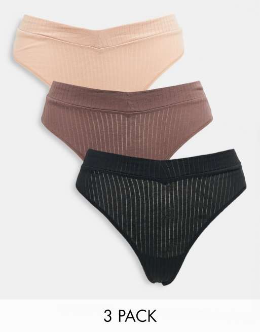 Lindex - Vera - Lot de 3 strings côtelés échancrés à taille haute en V - Tons neutres
