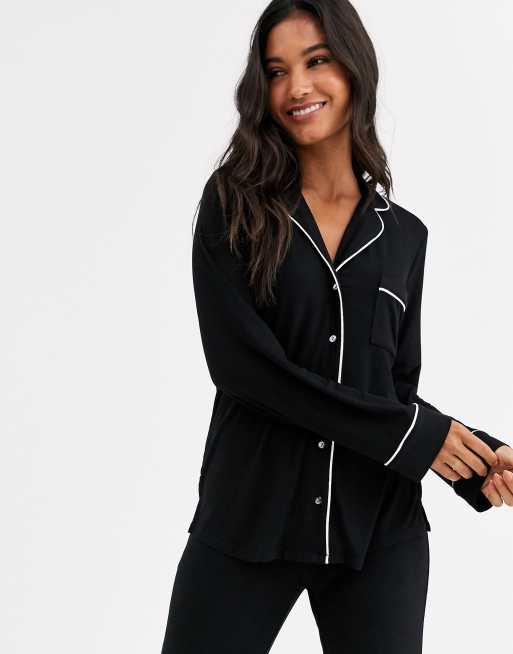 Lindex Viscose soft camp collar pajama top in black - BLACK | ASOS