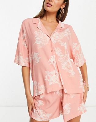 Lindex woven revere top and short pyjama set in coral palm tree print